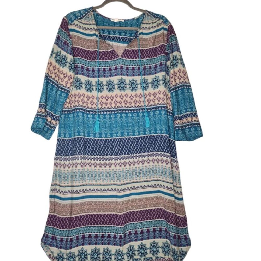 Beach Lunch Lounge Pull over Boho Dress Size Large Sheath Tunic 3/4‎ Sleeve